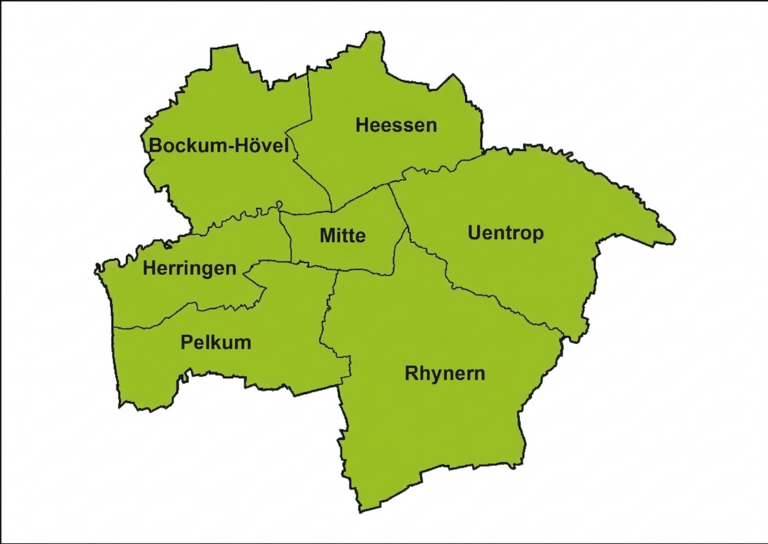 Grafik der Stadtfl&auml;che von Hamm. Alle Stadtbezirke sind gr&uuml;n hervorgehoben.