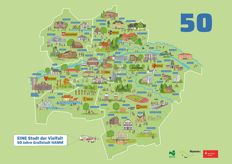 Eine Karte der Stadt Hamm mit Illustrationen der Sehensw&uuml;rdigkeiten in den Bezirken