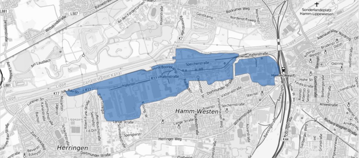 Eine Karte mit einer blauen Flächenmarkierung im Bereich Hafen und Thyssen Areal
