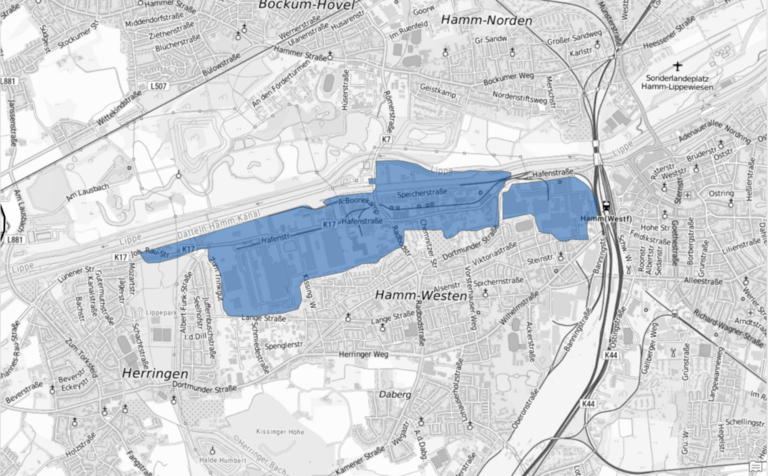 Eine Karte mit einer blauen Fl&auml;chenmarkierung im Bereich Hafen und Thyssen Areal
