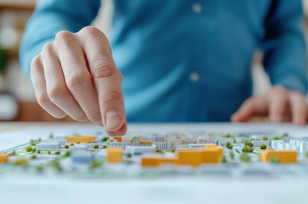 Eine Hand greift nach kleinen Modellhäusern auf einem Plan