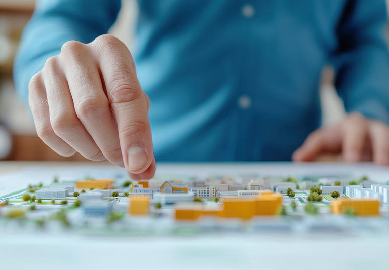 Eine Hand greift nach kleinen Modellhäusern auf einem Plan