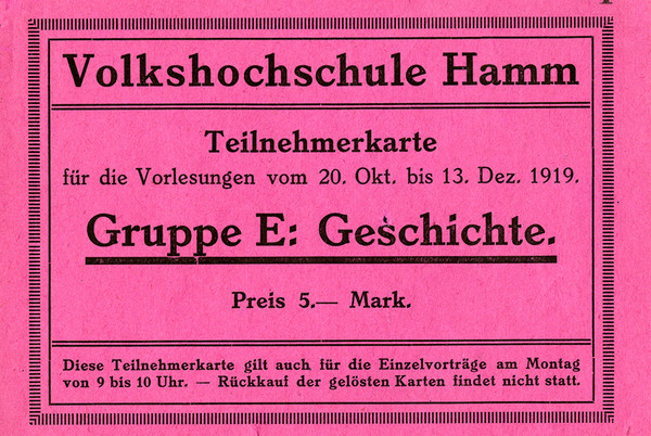 Eine frühe Teilnehmerkarte der Volkshochschule Hamm aus dem Jahre 1919