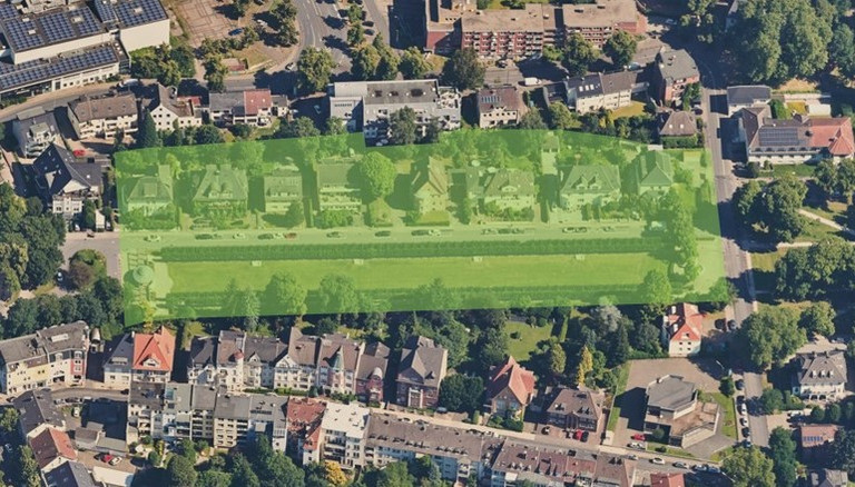 Luftbild des Ostrings mit der markierten Fl&auml;che des Denkmalbereich Nr. 2 - Ostring 