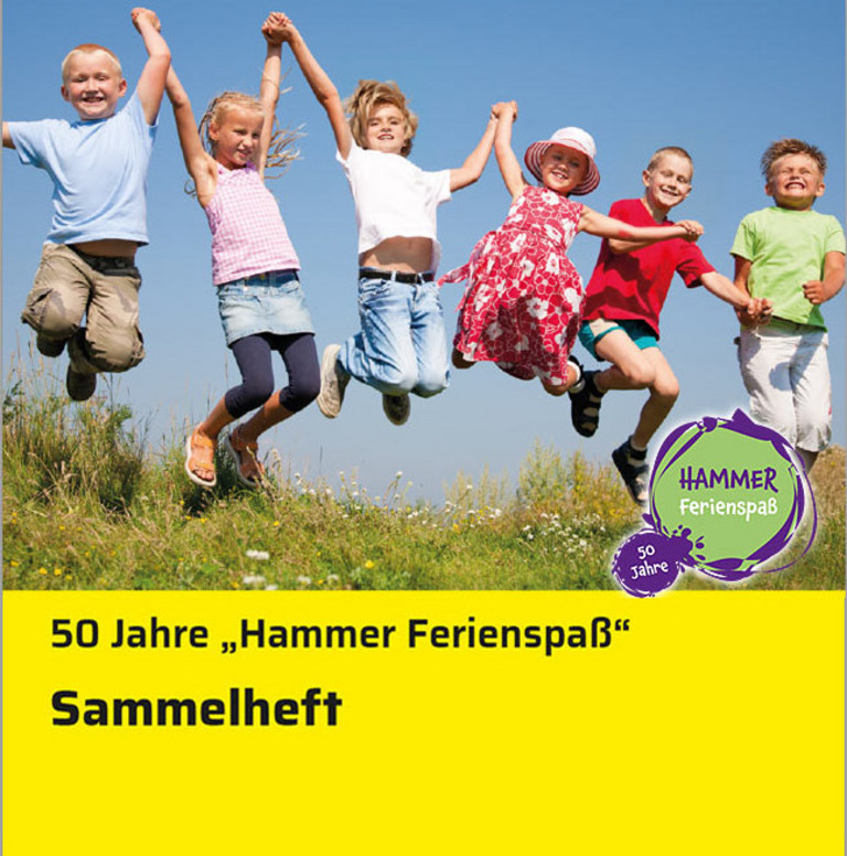 Ein Plakat mit springenden Kindern, dass auf das Sammelheft zum Hammer Ferienspaß hinweist  