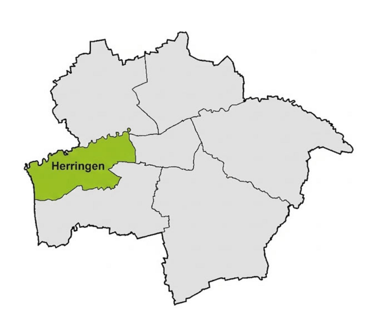 Grafik der Stadtfl&auml;che von Hamm. Der Bezirk Herringen ist gr&uuml;n hervorgehoben.