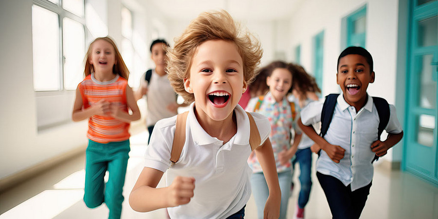Die Themen lachende Kinder laufen durch einen Schulflur