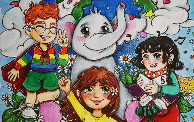 Eine Zeichnung von fröhlichen Kindern mit einem Elefanten vor einem bunten HIntergrund