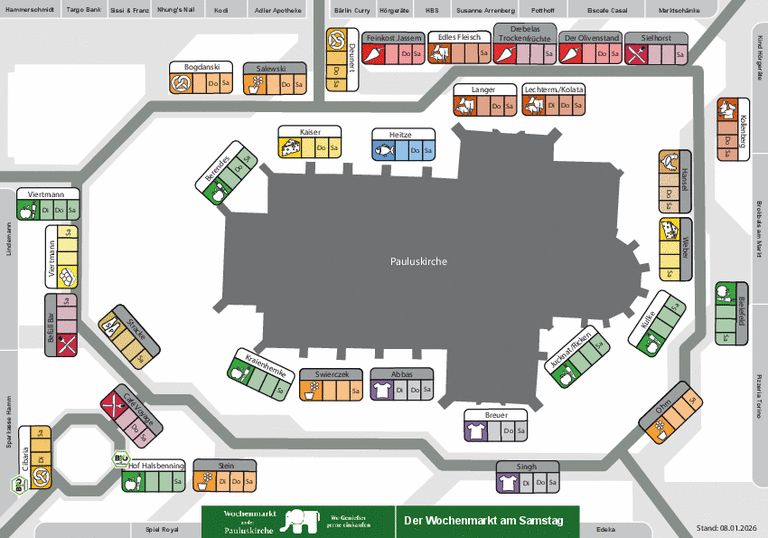 Lageplan f&uuml;r die Samstagsaufstellung des Wochenmarktes an der Pauluskirche 