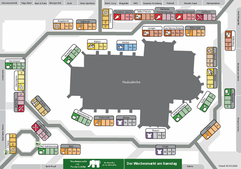 Lageplan f&uuml;r die Samstagsaufstellung des Wochenmarktes an der Pauluskirche 