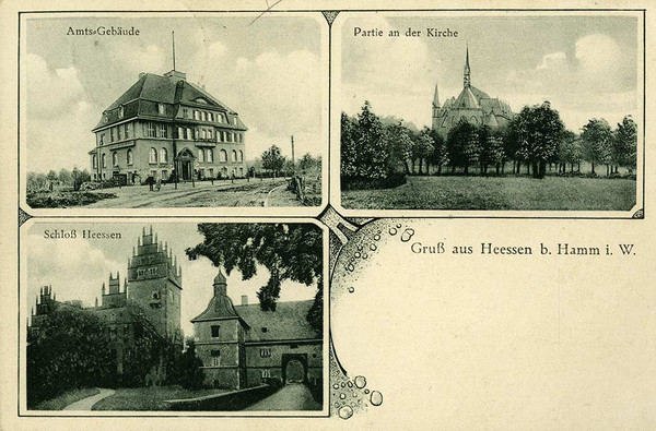 Mehrbild-Postkarte aus den 1920er-Jahren mit Amtshaus Heessen, St. Stephanuskirche und Schloss Heessen 
