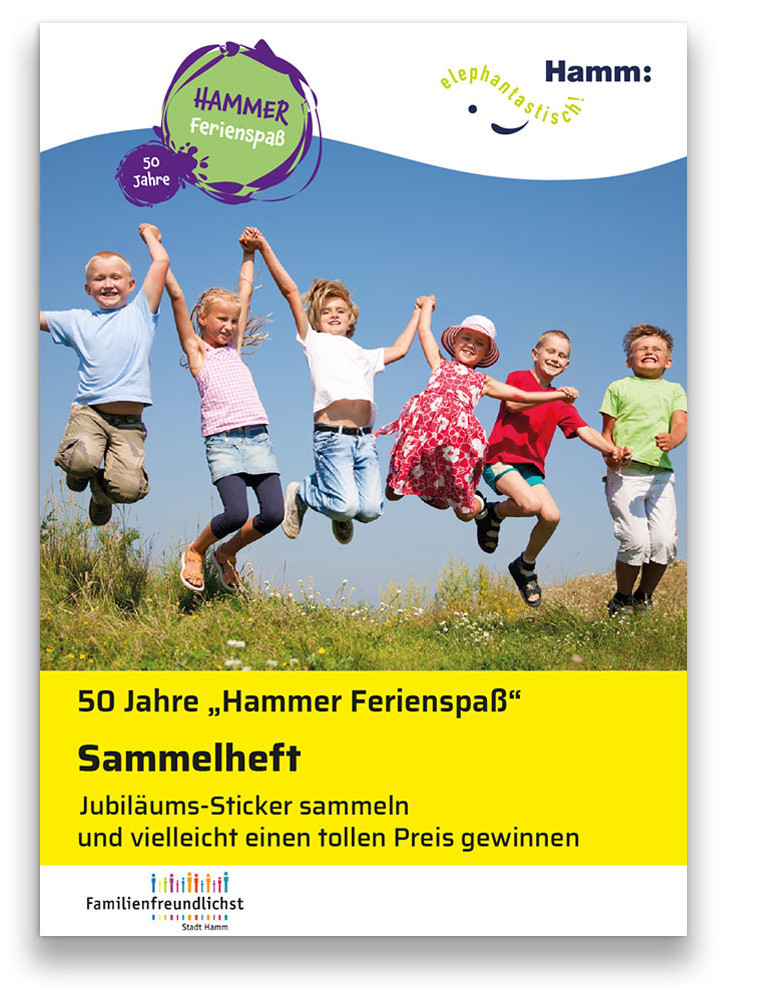 Ein Plakat mit springenden Kindern, dass auf das Sammelheft zum Hammer Ferienspaß hinweist Ein Plakat mit springenden Kindern, dass auf das Sammelheft zum Hammer Ferienspaß hinweist