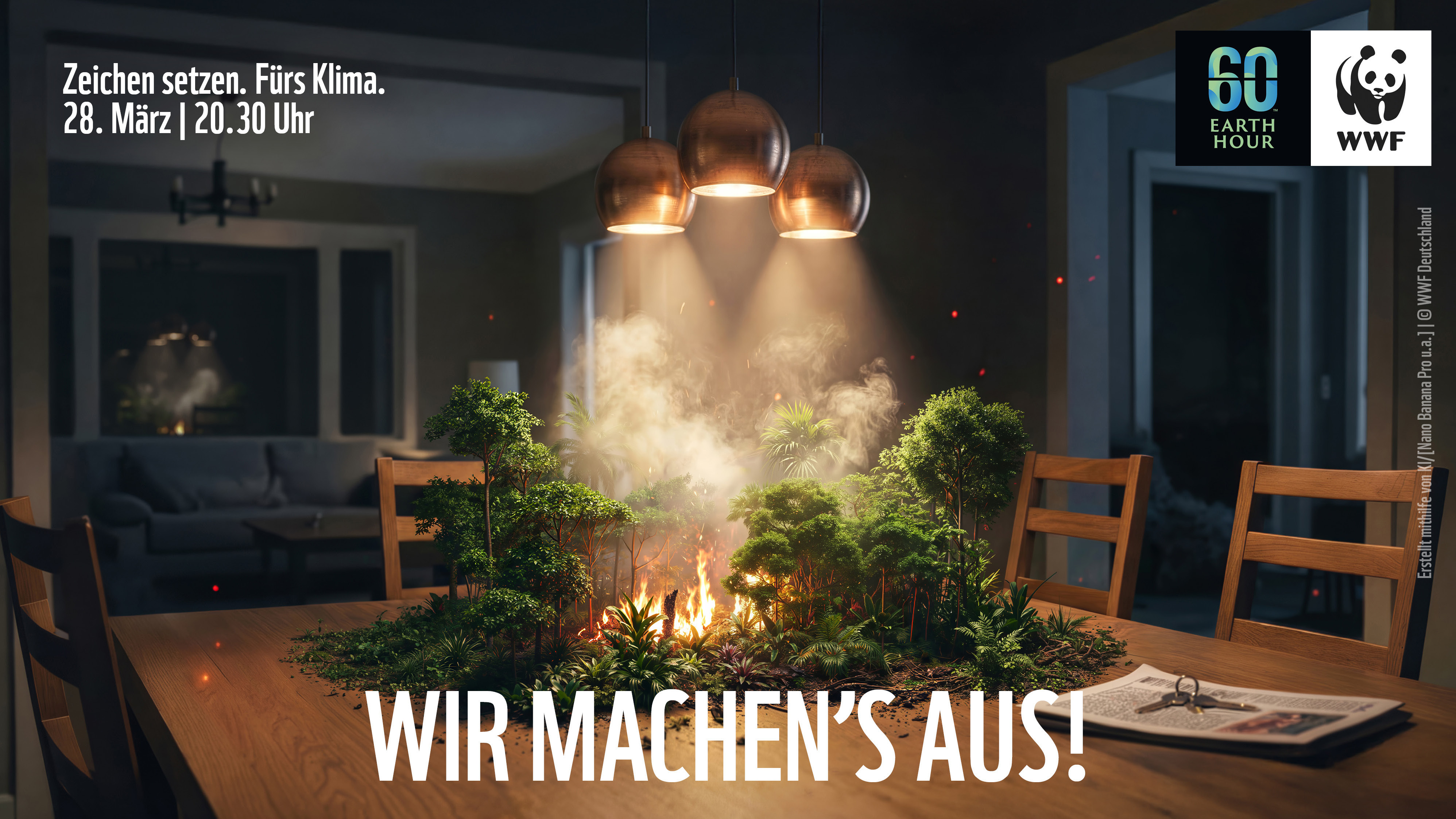 Foto eines brennenden Waldes auf einem K&uuml;chentisch in der Wohnung, als Sinnbild f&uuml;r den Klimawandel und dessen Folgen.