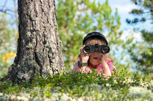 Ein Kind liegt im Gras und schaut durch ein Fernglas