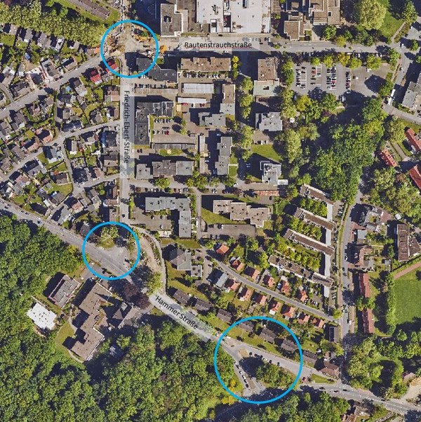 Luftbild aus dem Stadtbezirk Bockum-Hövel mit Markierungen an den Stellen, an denen Kreisverkehre entstehen sollen
