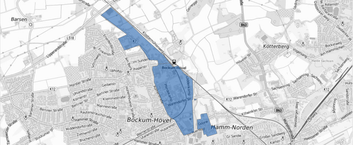Eine Karte mit einer blauen Flächenmarkierung im Bereich Römerstraße Nord/Süd sowie Goorweg
