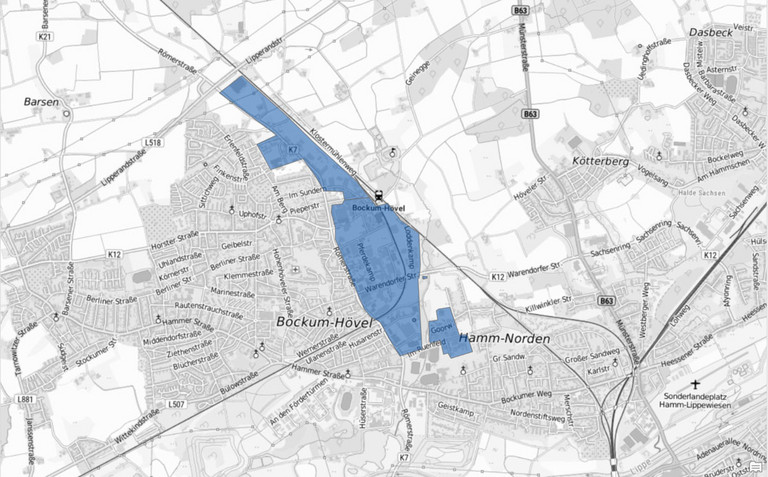 Eine Karte mit einer blauen Fl&auml;chenmarkierung im Bereich R&ouml;merstra&szlig;e Nord/S&uuml;d sowie Goorweg