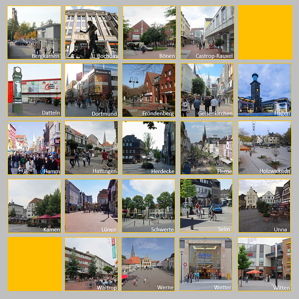 Ein Mosaik von verschiedenen Ansichten von Innenstädten