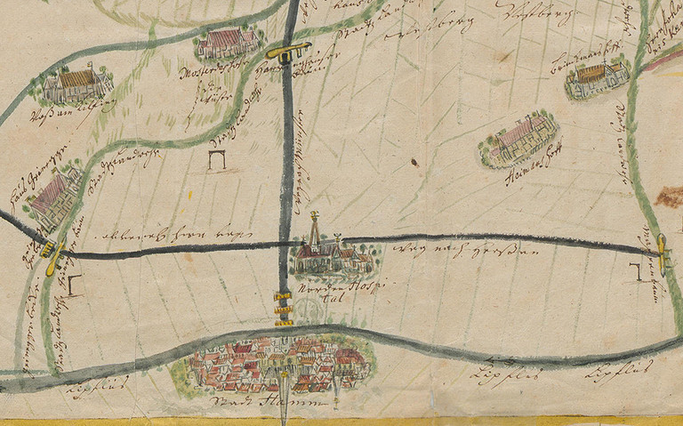 Eine historische Karte aus dem Jahre 1723, die die Hinrichtungsst&auml;tten im Norden von Hamm zeigt