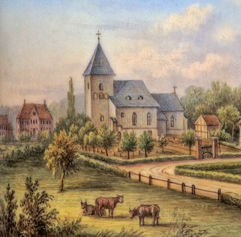 Kirche und Kirchhof in Uentrop, Ansicht auf der Jubiläumstasse für Lehrer Wilhelm Gröpper, 1858 Ansicht der Kirche und des Kirchhofs in Uentrop auf der Jubiläumstasse für Lehrer Gröpper 1858
