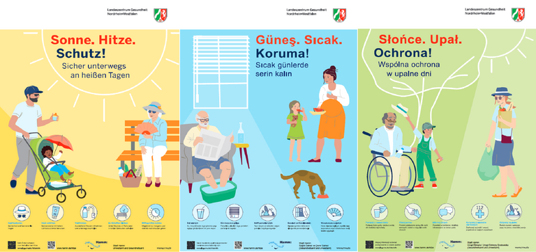 Das Bild zeigt drei Hitze-Poster nebeneinander, eins in deutsch, eins in türkisch und eins in polnisch.