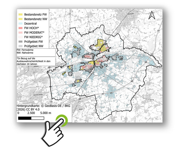 Vorschau der Karte der Wärmeplanung mit der Grafik eines Mauszeigers