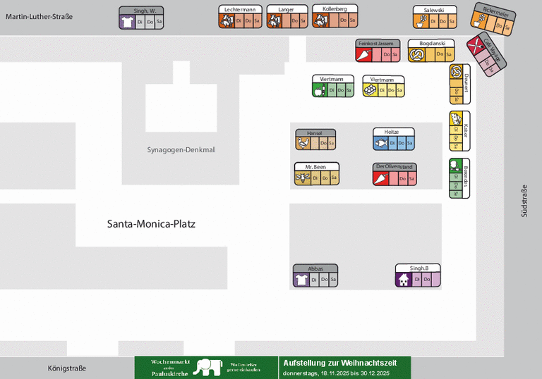 Aufstellung des Wochenmarktes auf dem Santa-Monica-Platz/Martin-Luther-Stra&szlig;e w&auml;hrend des Weihnachtsmarktes