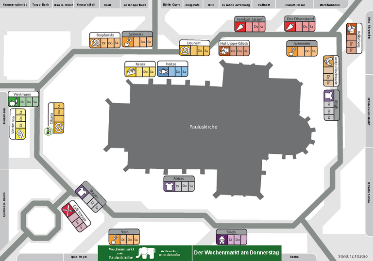 Lageplan f&uuml;r die Donnerstagsaufstellung des Wochenmarktes an der Pauluskirche 