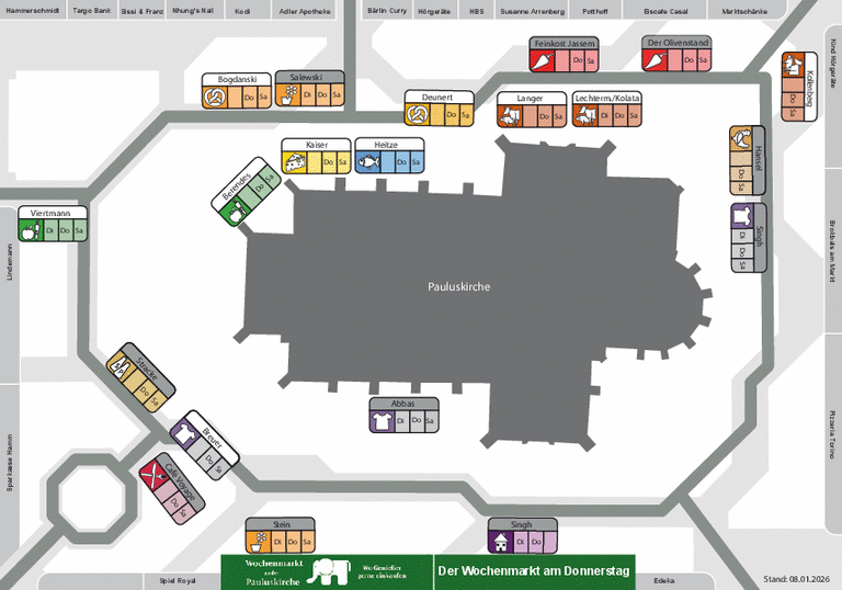 Lageplan f&uuml;r die Donnerstagsaufstellung des Wochenmarktes an der Pauluskirche 