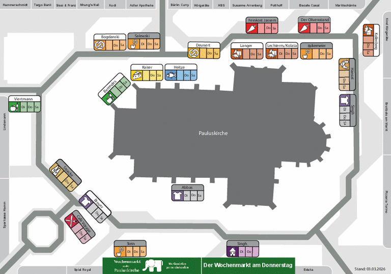 Lageplan f&uuml;r die Donnerstagsaufstellung des Wochenmarktes an der Pauluskirche 