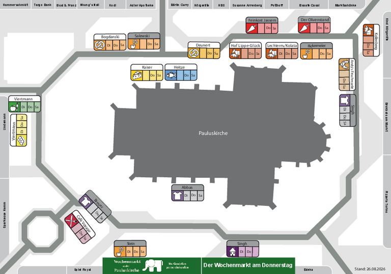 Lageplan f&uuml;r die Donnerstagsaufstellung des Wochenmarktes an der Pauluskirche 