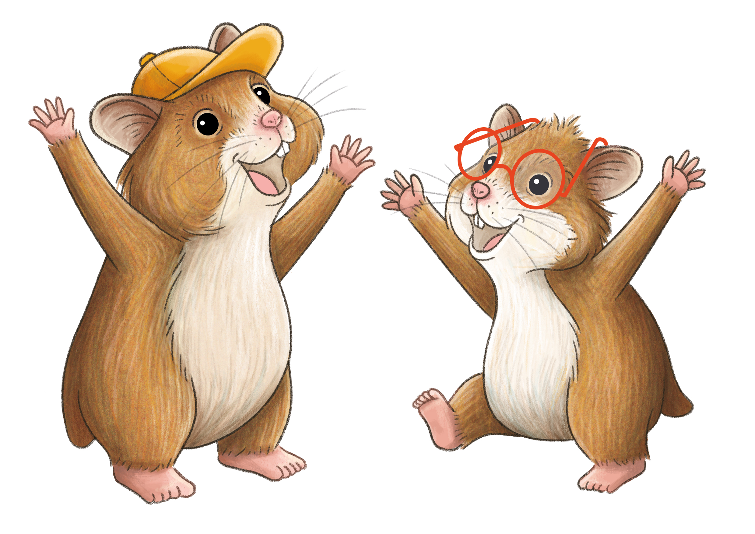 Auf dem Bild sind zwei Hamster zu sehen. Beide strecken ihre Hände in die Luft und freuen sich, der linke Hamster hat einen Hut auf und der rechte Hamster trägt eine rote Brille. 