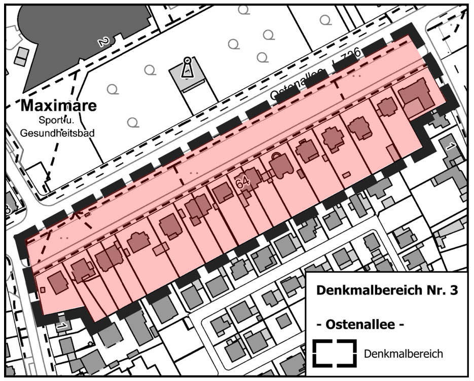Eine Karte mit der rot markierten Fläche der Denkmalbereichssatzung Nr. 3 Ostenallee