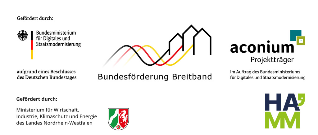 Förderlogos: aconium: Projektträger des Bundesministeriums für Digitales und Staatsmodernisierung, Bundesförderung Breitband, Ministerium für Wirtschaft, Industrie, Klimaschutz und Energie des Landes Nordrhein-Westfalen sowie der Stadt Hamm