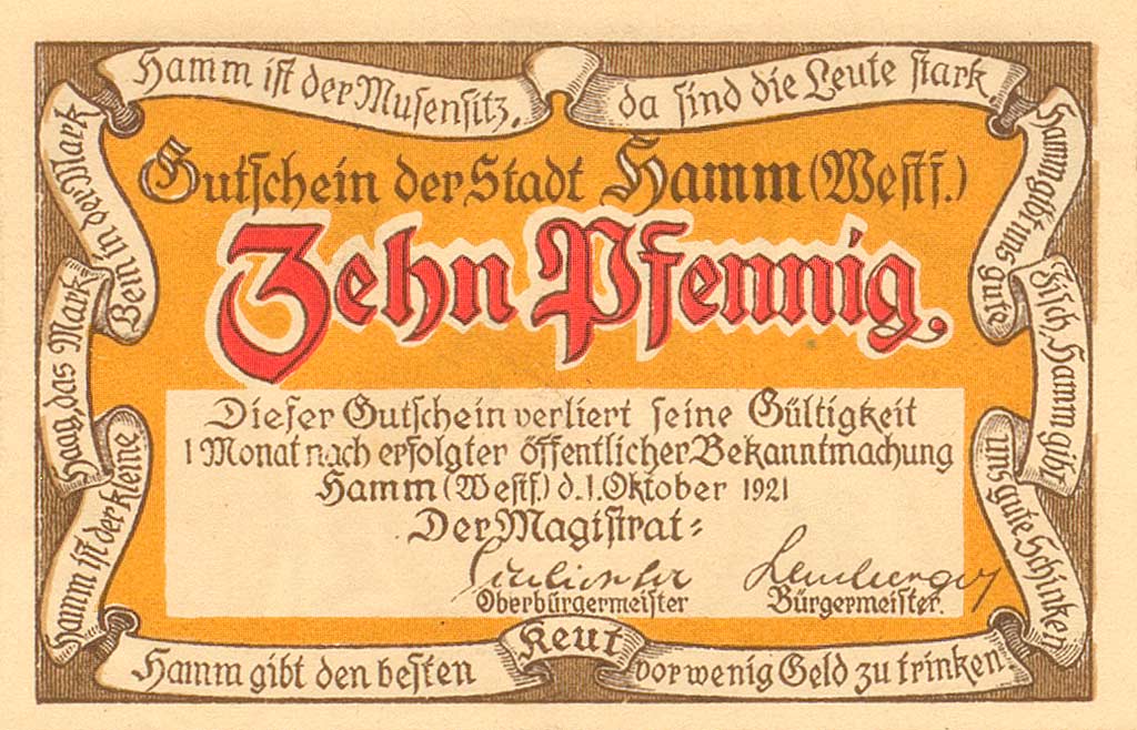 Rückseite des Gutscheins der Stadt Hamm über 10 Pfennig mit Motiv ''Hammer Keut'', 1921
