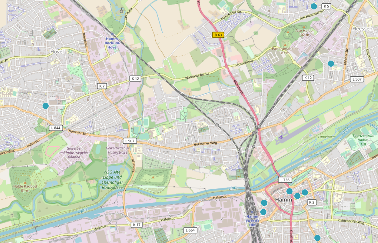 Die Karte zeigt einen Ausschnitt von Hamm. Mit blauen Punkten sind die Refill-Stationen in Hamm markiert