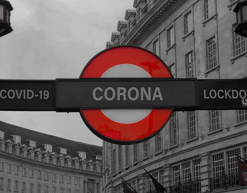 Corona butti s Pixabay Londoner U-Bahn Schild umgemünzt auf Corona