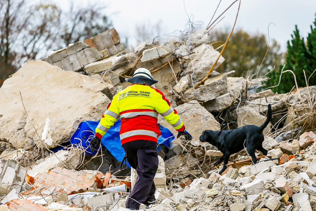 Ein Rettungshundeführer mit seinem Hund auf einem Trümmerfeld