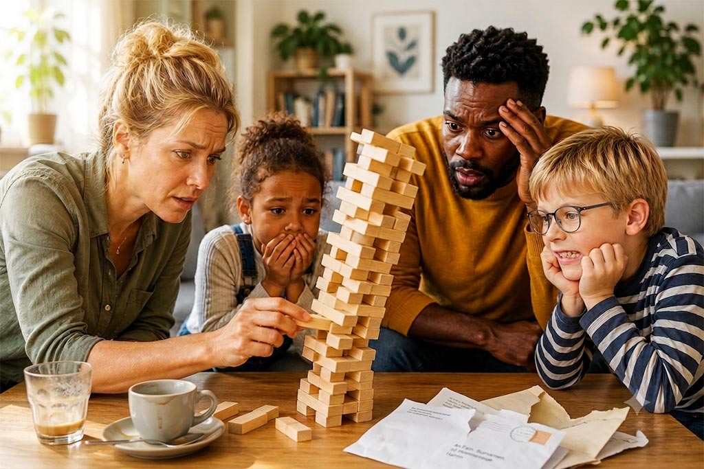 Eine Familie spielt an einem Tisch ein Gesellschaftsspiel