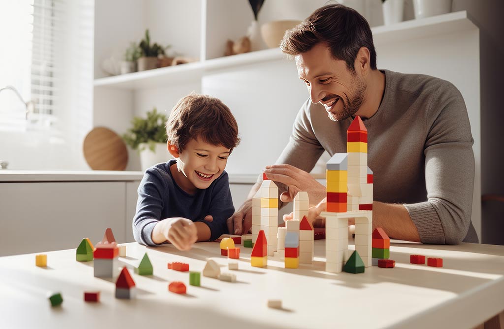 Ein Vater spielt mit seinem Sohn mit Bauklötzen Ein Vater spielt mit seinem Sohn mit Bauklötzen