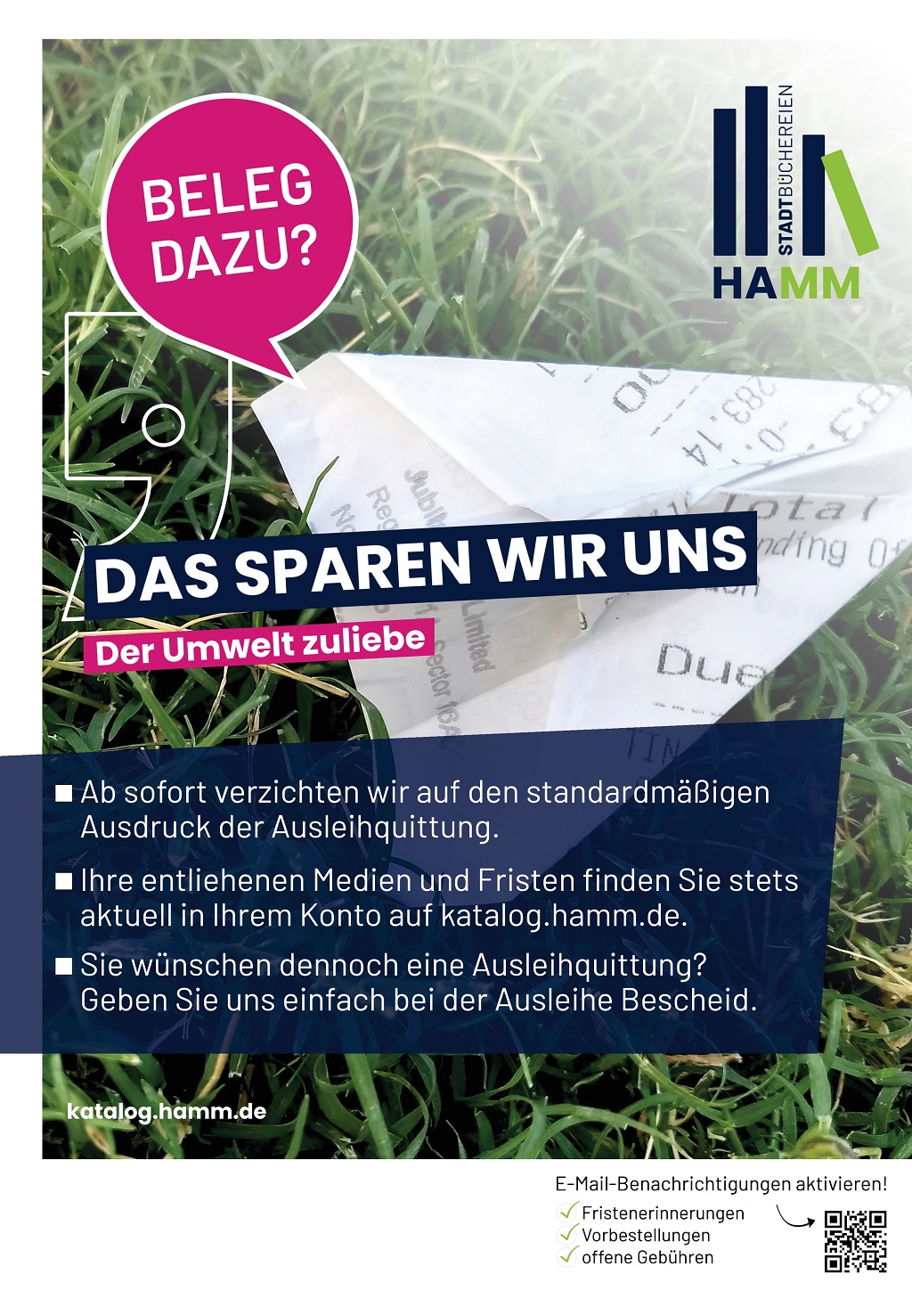 Bild zeigt eine Quittung, die auf dem Rasen liegt. Dazu gibt es eine Schrift ''Beleg dazu? Das sparen wir uns''