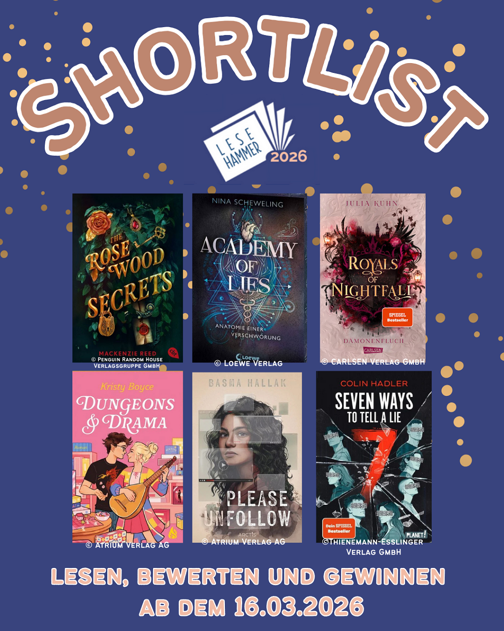 Bild zeigt die Shortlist des Lese-Hammer 2026