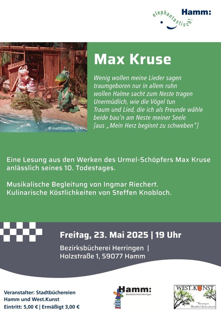 Flyer zur Veranstaltung "Max Kruse - Lesung in der Bezirksbücherei Herringen"