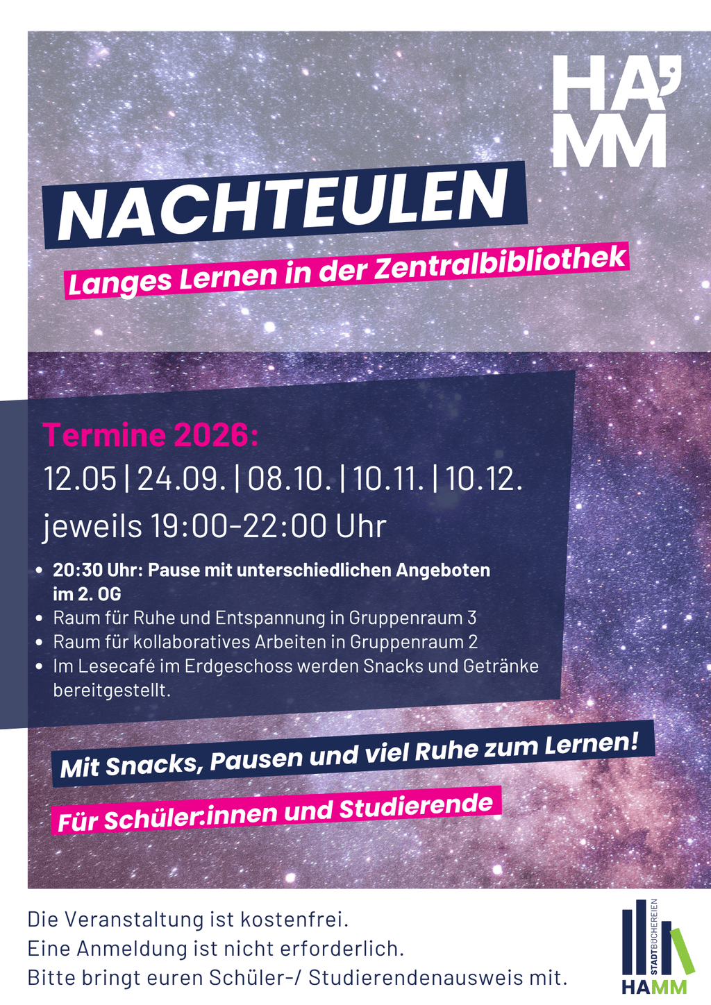 Bild zeigt das Plakat zur Veranstungsreihe "Nachteulen - Langes Lernen in der Zentralbibliothek"