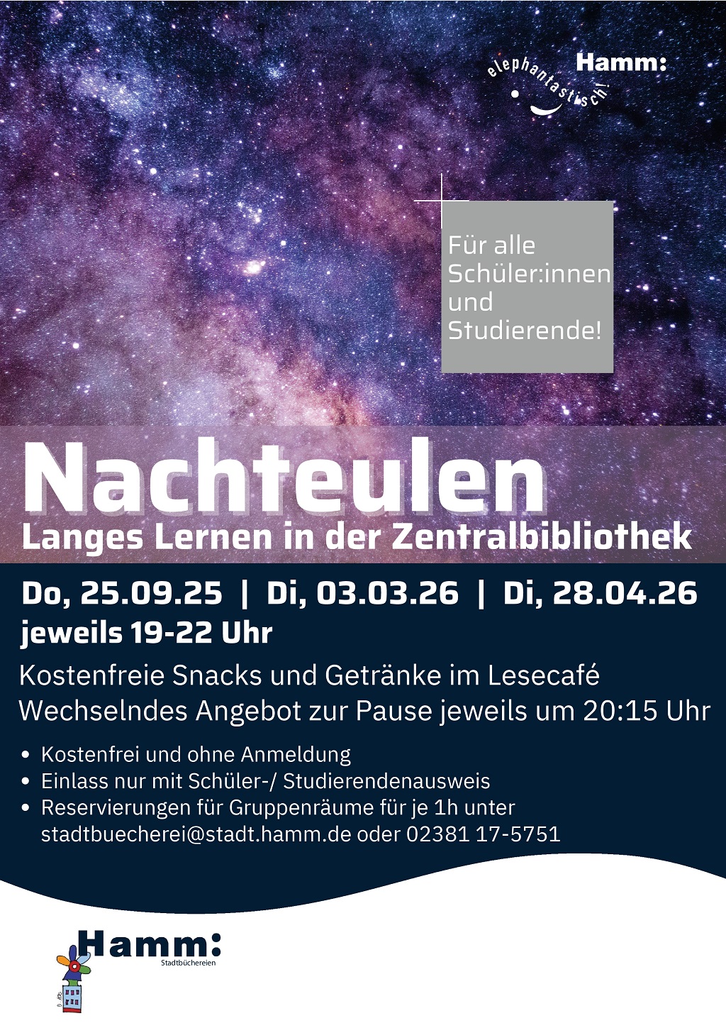 Bild zeigt das Plakat zur Veranstungsreihe "Nachteulen - Langes Lernen in der Zentralbibliothek"
