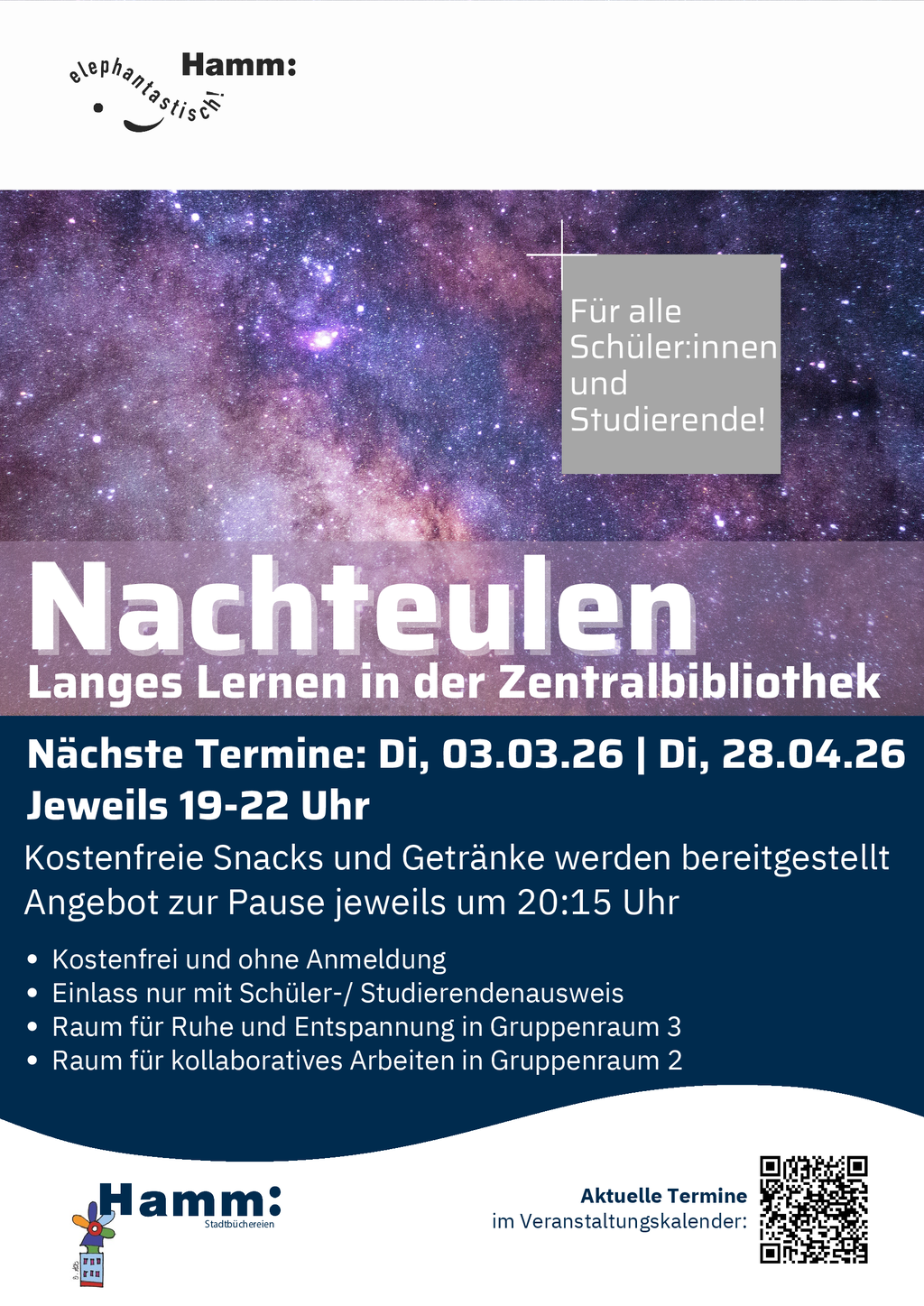 Bild zeigt das Plakat zur Veranstungsreihe "Nachteulen - Langes Lernen in der Zentralbibliothek"