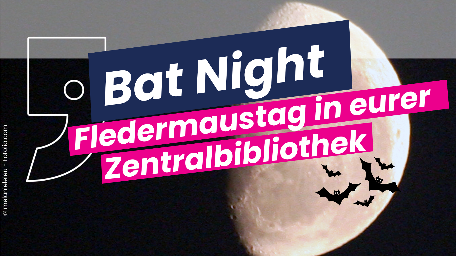 Auf dem Bild steht das Wort "Bat Night &ndash; Fledermaustag in eurer Zentralbibliothek". Im Hintergrund ist ein dunkler Nachthimmel mit einem hell erleuchteten Mond. Davor fliegen f&uuml;nf schwarze Flederm&auml;use. 