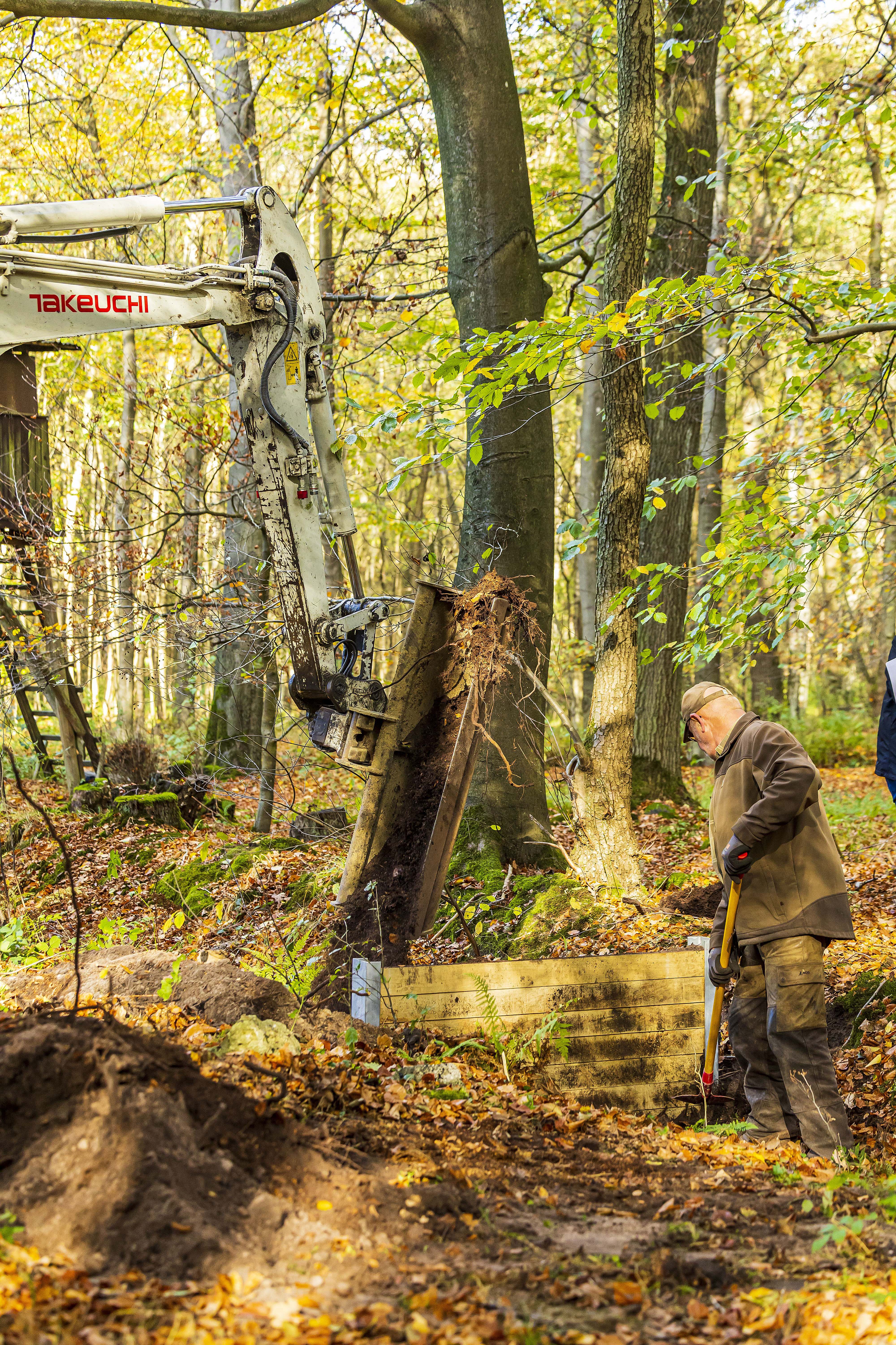 Das Foto zeigt einen Bagger im Wald, der einen ehemaligen Graben verschließt.