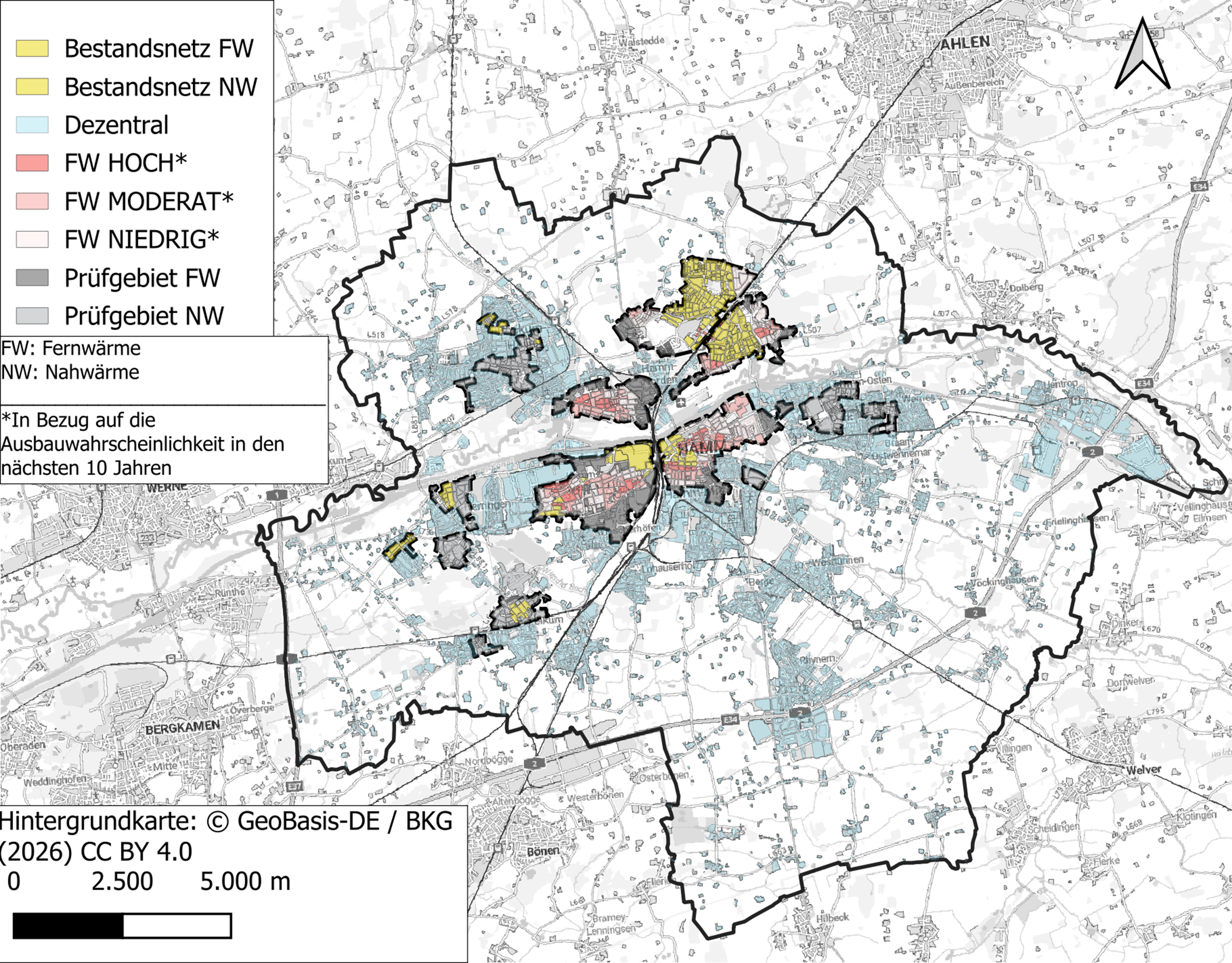 Stadtplan der Stadt Hamm mit den eingezeichneten voraussichtlichen W&auml;rmeversorgungsgebieten