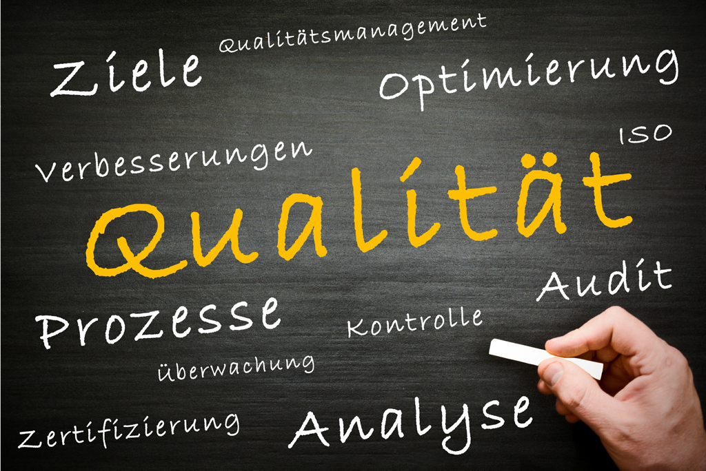 Eine schwarze Kreidetafel mit Begriffen wie Qualität, Ziele, Optimierung und weitere Eine schwarze Kreidetafel mit Begriffen wie Qualität, Ziele, Optimierung und weitere
